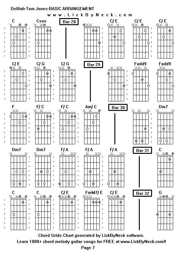 Chord Grids Chart of chord melody fingerstyle guitar song-Delilah-Tom Jones-BASIC ARRANGEMENT,generated by LickByNeck software.